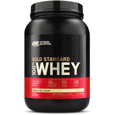 Produktbild von Optimum Nutrition Gold Standard 100% Whey, Pulver, Molkenproteinkonzentrat, Molkenprotein isoliert, Vanille, Gold Standard 100% Whey Protein wird am besten gleich am Morgen nach dem Aufstehen und/oder..., 24 g, 113 kcal