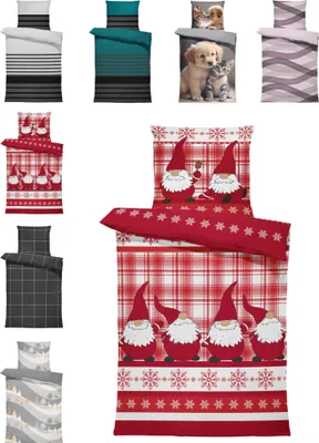 Produktbild von Winter Biber Bettwäsche Baumwolle Kuschelig Flauschig Warme Weiche Flanell Bettbezüge Modern, Größe:3 teilig 200x220 cm, Farbe:Wichtel Weihnachten rot