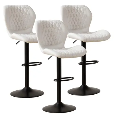 Image de Tabourets de bar avec dossier, pivotants à 360°, réglables en hauteur, revêtus en similicuir PU, couleur beige, lot de 3
