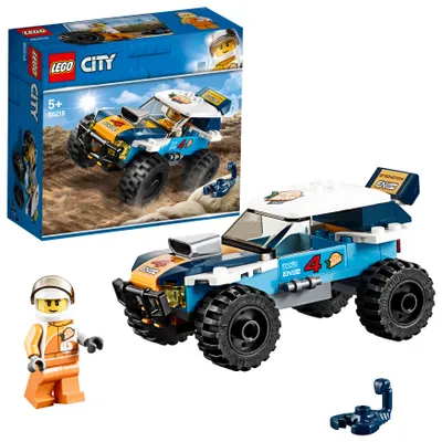 LEGO City desert race car set with box, minifigure, and scorpion accessory.