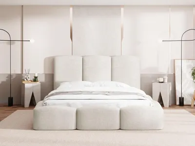 Produktbild von Polsterbett 140 x 200 cm mit Bettkasten und Metall-Lattenrost – Modernes Doppelbett mit hohem Kopfteil, Stauraum, ohne Matratze – Harmony – Creme Chenille