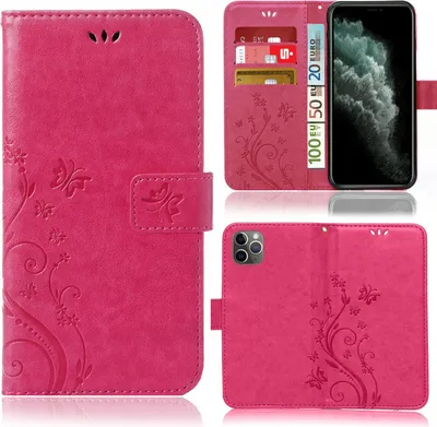 A collage of images showing a pink phone case with a floral and butterfly design, including a view of the case open with cards and cash, and a view of the back of the case with a phone inserted.