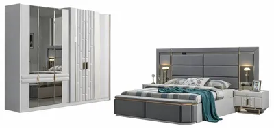 Immagine prodotto di Set da camera da letto grigio-bianco: letto imbottito, 2 comodini, armadio