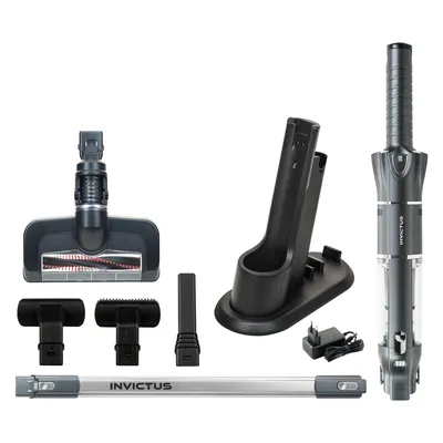A collection of vacuum cleaner accessories and parts laid out on a white background.