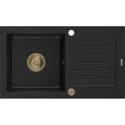 Obrázek produktu pro Mexen Pablo 1-miskový granitový dřez s odkapávačem 752 x 436 mm, Černá, sifon Zlatá - 6510751010-77-G
