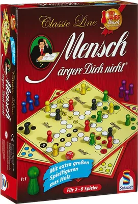 The image shows the packaging of the board game 'Mensch ärgere Dich nicht' from the 'Classic Line'. The packaging features the game board with playing pieces, a dice, and promotional text.
