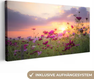 Produktbild von MuchoWow® - Leinwandbilder - Sonnenuntergang - Blumen - Rosa - Natur - Grün, Wandbild, Wanddeko Bilder Wohnzimmer, 40x20 cm