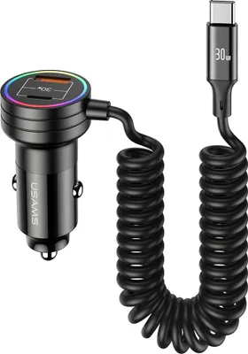 Zdjęcie produktu dla Usams Ładowarka Samochodowa 2X Usb-C 1X Usb-A 60W Z Kablem Czarna