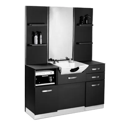 A black salon console with a sink and mirror, set against a white background.