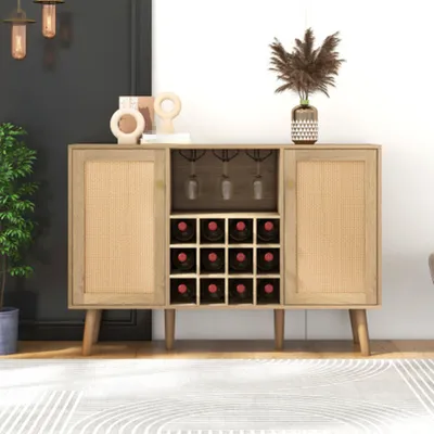 Produktbild von Weinregal,2 Rattantüren, verstellbare Trennwände, Seitenschrank, Sideboard, Eckschrank, Lagerschrank – die perfekte Aufbewahrungslösung