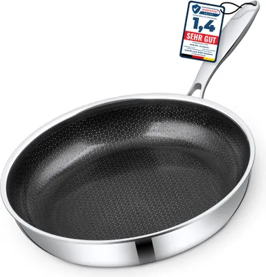 Produktbild von Morleos Bratpfanne 30cm 4 Liter Antihaft rund Silber Edelstahl | geeignet für Gas Induktion Elektro Herde | XL Pfanne Kratzfest Rostfrei Beschichtet Gastronomie Kochgeschirr