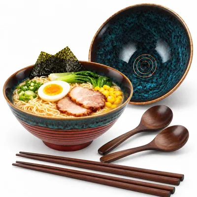 2er-Set Ramenschalen 20 cm, Keramik, 1200 ml, mit Essstäbchen und Löffeln