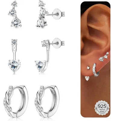 Produktbild von 3 Paar Ohrringe Silber/Gold Damen Mädchen 14K Gold Ohrstecker Creolen Silber 925