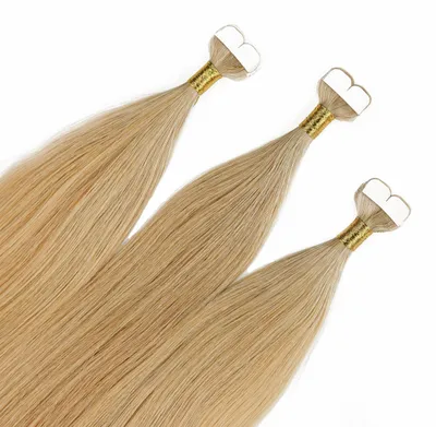 Produktbild von hair2heart Premium Mini Tape Extensions Echthaar - 12 Tapes 50cm Lichtblond Gold Asch