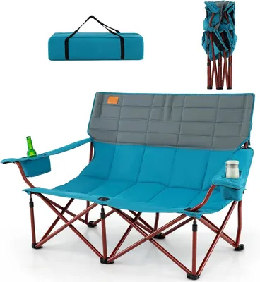 Immagine prodotto di KOMFOTTEU Sedia da campeggio pieghevole con braccioli regolabili, sedia da esterno portatile con borsa per il trasporto e portabevande, poltrona per 2/3 persone, sedia da pesca, da giardino (Modello II - Blu)