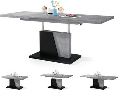 A dining table with a concrete and black finish, shown in its extended state. Below the main image are three smaller images of the same table in different configurations or sizes.