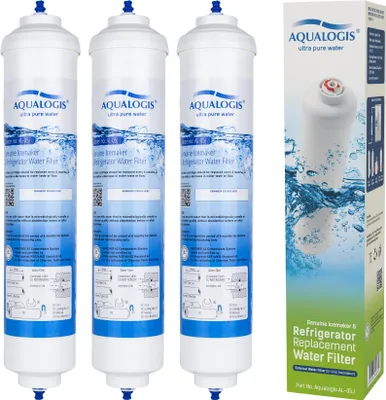 Three water filters are arranged in a row, with a box of a water filter to the right. The filters and box are on a white background.
