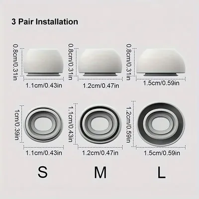 A diagram showing different sizes of earbud tips with measurements.