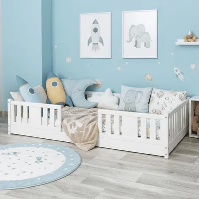 Produktbild von MEBLE WRÓBEL Bodenbett 80x160 cm - Montessori Kinderbett mit Lattenrost & Rausfallschutz - Jugendbett Einzelbett Kinder Bett aus Kiefer Massivholz Weiß - Kleinkindbett für Jungen & Mädchen