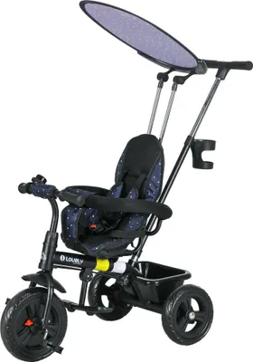 Produktbild von 6-in-1 Kinderdreirad mit Schiebestange, Dach, Gurt, Korb für 1-5 Jahre, Dunkelblau