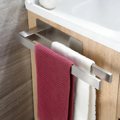 Image de Porte-serviettes double autocollant de 40 cm, en acier inoxydable, finition brossée, à fixation murale pour la salle de bains