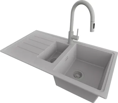 Produktbild von PRIMAGRAN Granitspüle Grau 90x50cm, Spülbecken 1,5 Becken + Küchenarmatur 40x20cm + Ablauf-Set, Küchenspüle ab 60er Unterschrank - Kopenhagen Duo