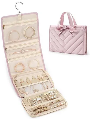 Produktbild von Schmuck-Organiser - Falterbare Schmuckrol für Ringe, Halsketten, Ohrringe und Armbänder - Rosa