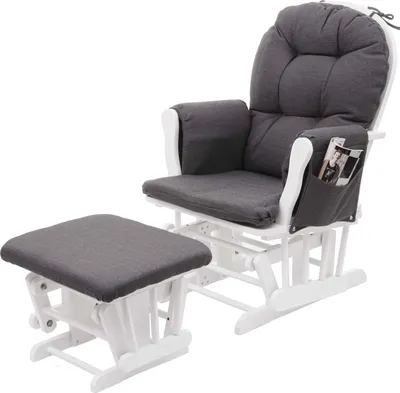 A dark gray fabric glider chair and ottoman set with a white wooden frame, shown against a white background.