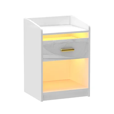 Produktbild von Nachttisch mit LED-Beleuchtung 58cm hoch mit 1 Schubladen 2 Regal weiß