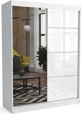 A white wardrobe with mirrored sliding doors, reflecting a living room scene.