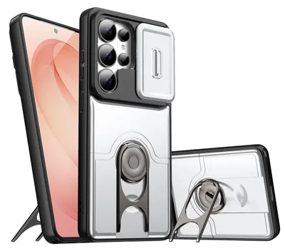 Obrázek produktu pro Pouzdro pro Samsung Galaxy S25 Ultra, Posuvným krytem fotoaparátu a kroužkovým stojánkem, nárazuvzdorné ochranné pouzdro Stříbrná
