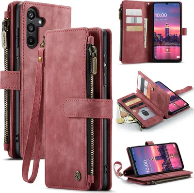 Immagine prodotto di Custodia in pelle per Samsung Galaxy A16 5G/4G, custodia in Finto cuoio con chiusura a cerniera, chiusura magnetica, tasca per carte, supporto, custodia a portafoglio Rosso
