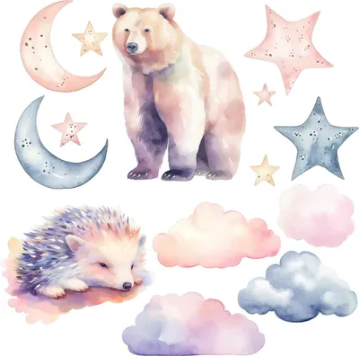 Produktbild von Wandaufkleber Kinderzimmer – Wandsticker für Baby & Kinder – Selbstklebende Wanddekoration – Abnehmbar ohne Rückstände – Deko für Mädchen & Jungen - Niedliche Tiere und der Nachthimmel in pastellfarbenen Aquarellen130x232 cm