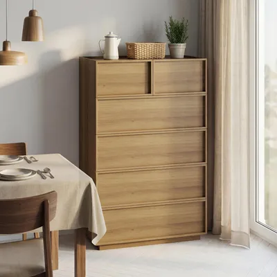 Image de Commode à 6 tiroirs, 80 x 127 x 48 cm, aspect chêne, commode haute sans poignées, peu encombrante, pour la chambre à coucher et le salon, aspect bois