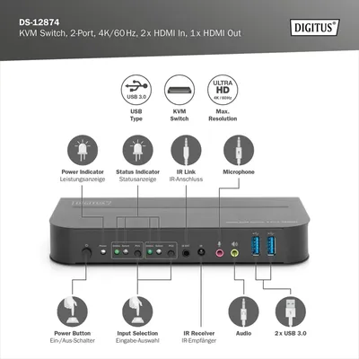 Produktbild von DIGITUS KVM-Switch, 2-Port, HDMI 4K, Metallgehäuse