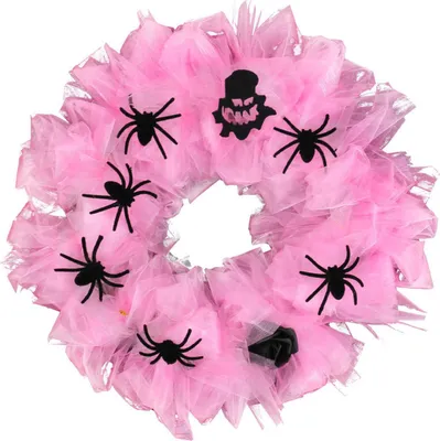 Produktbild von Halloween-Kranz, rosa Gaze-Kranz mit Spinnen, dekorativer Türkranz für Kaminsims, Wohnzimmer, Schlafzimmer, Party-Dekoration