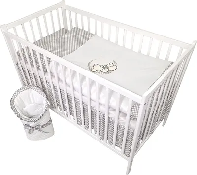 Produktbild von 13-teiliges Babybett-Komplettset Happy Leo inkl. höhenverstellbarer Matratze mit Stickerei für Neugeborene, Babys und Kleinkinder (Teddybär Mond grau)