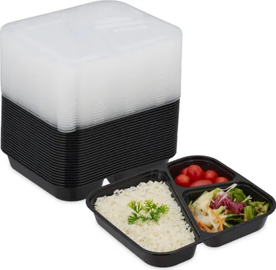 Produktbild von 48 x Meal Prep Boxen, 3 Fächer, mikrowellengeeignet, wiederverwendbar, Kunststoff Essensbehälter, schwarz