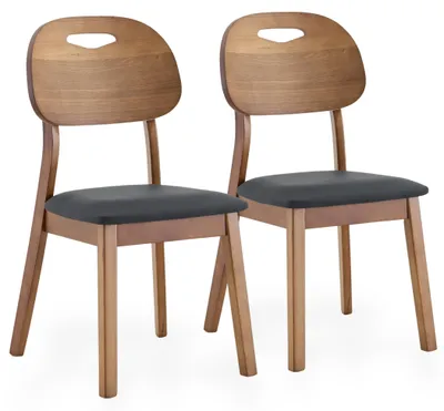 Productafbeelding van Noordse eethoekstoelen van massief hout, set van 2, met armleuningen, gebogen houten rugleuning, Polyurethanleren zitting en een frame van rubberhout, zwart