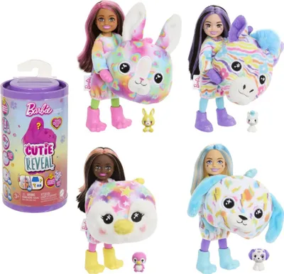 A collage of Barbie Cutie Reveal dolls in various animal costumes, along with their packaging and accessories.