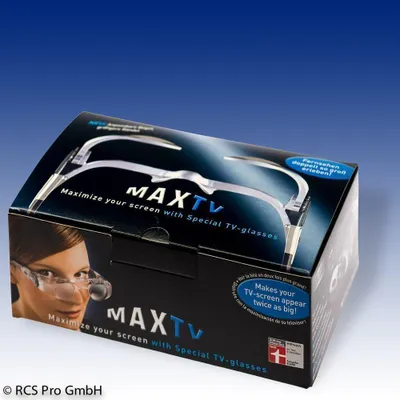 A product box for MAXTV special TV glasses, showing a woman wearing them and the glasses themselves.