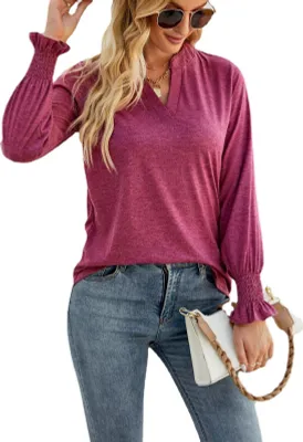 Produktbild von ASKSA Damen Blasen Langarm T-Shirt Elegant V-Ausschnitt Rüschenärmel Lässiges Lose Einfarbig Oberteil, Weinrot, XL