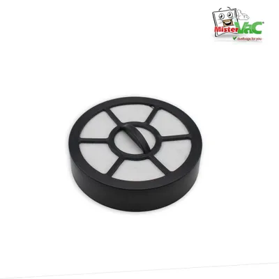 A round black and white vacuum cleaner filter on a white background.