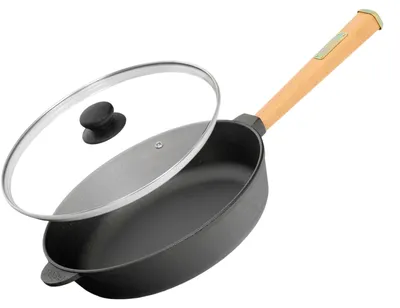Produktbild von Ø28cm Gusseisenpfanne 55mm hoch mit Holzgriff und Glasdeckel Induktion Bratpfanne