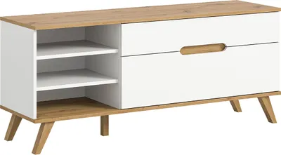 Produktbild von Scandi TV Tisch 1 Schublade 3 Fächer 1 Klapptür weiß.