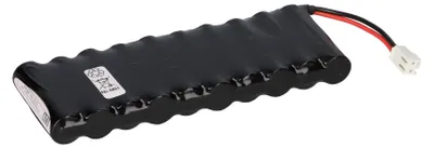A black battery pack with a white connector and red and black wires, lying on a white background.