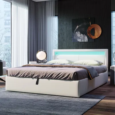 Immagine prodotto di Letto imbottito, letto a LED, 140 x 200 cm, con rete a doghe e contenitore, con testata illuminata in vari colori, bianco