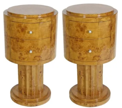 Image de Casa Padrino Ensemble de tables d'appoint Art Déco Marron clair Ø 40 x H. 75 cm - Tables d'appoint rondes en bois de racine avec 2 tiroirs - Qualité de luxe
