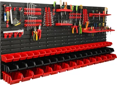 Produktbild von Lagersystem Werkstattregal | 172 x 78 cm | 53 stck. Box | Wandregal mit Werkzeughalterungen und Stapelboxen - Wandplatten Extra Starke Schüttenregal Warkzeuglochwand Lagerregal Garage Regal