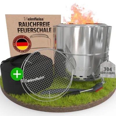 Produktbild von Heimfleiss Feuerschale Edelstahl 50 cm raucharm doppelwandig Feuerstelle Feuertonne Garten Camping mit Grillrost Silber
